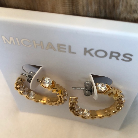 Michael Kors Gold Tone MK Logo & Cubic Zirconia Hoop Earrings NWT - Picture 11 of 16